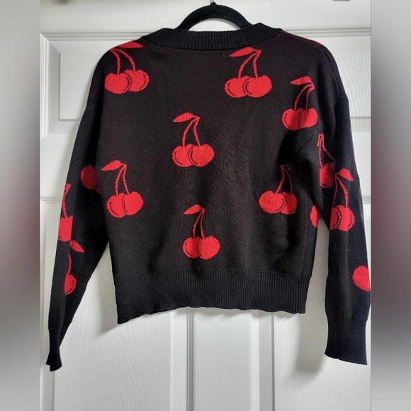 Nikkak - Women's Black and Red Cropped Cardigan Cherry Sweater - Size S - Picture 3 of 5